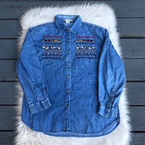 Vintage Maggie & Max Embroidered Chambray Denim Farmhouse Button Down Shirt XL